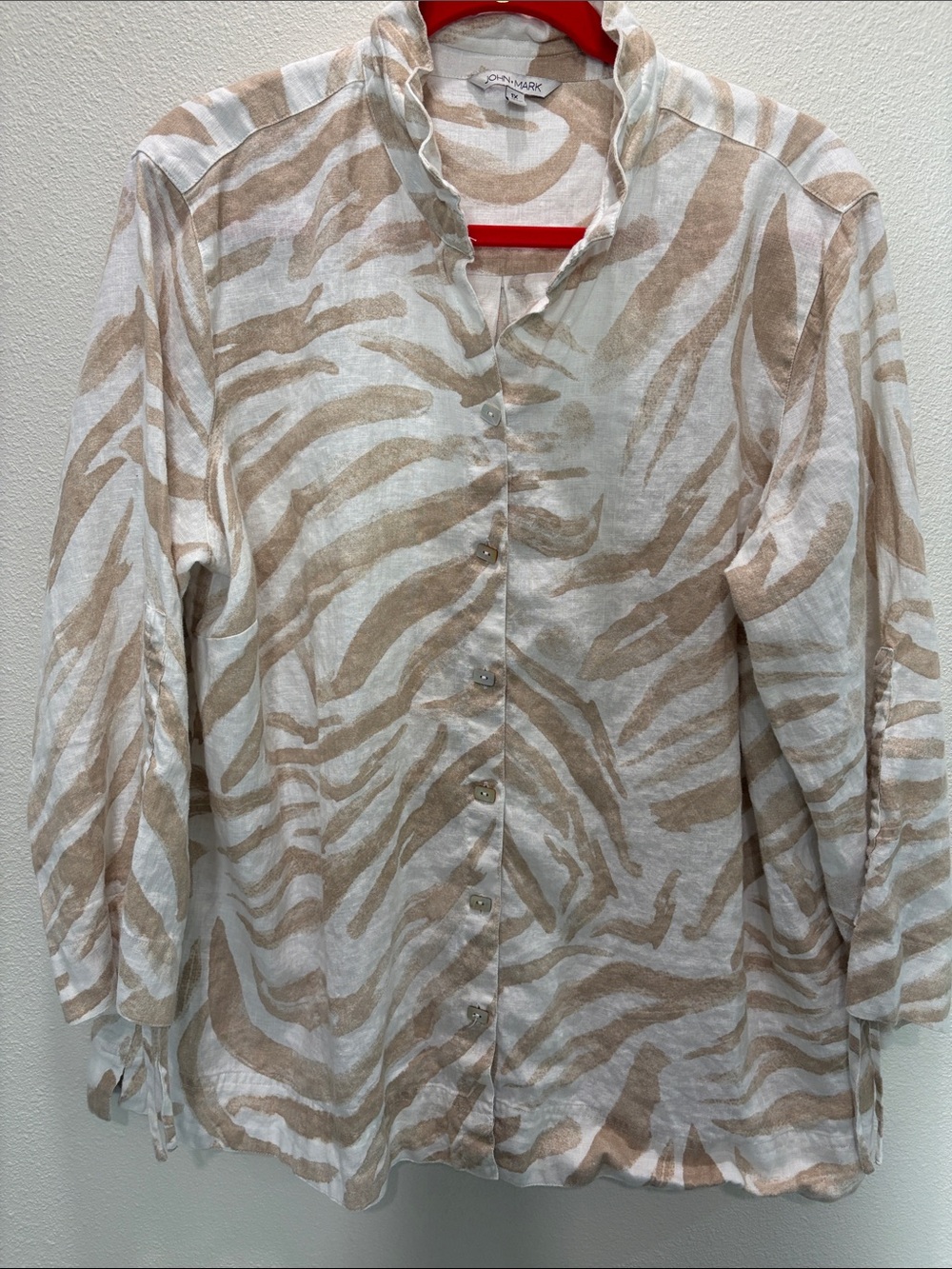 John Mark Beige and White Zebra-Print Button Shirt